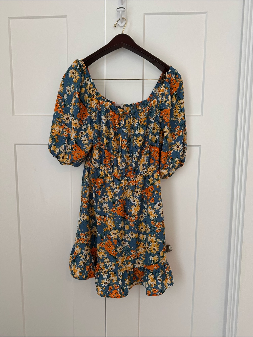 Sienna Sky Teal Floral Off the Shoulder Dress‎ with Orange & Cream Daisies L
